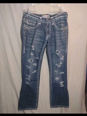 Laguna Beach Distressed Jeans Size 34 Made In USA *no skull button front pocket*